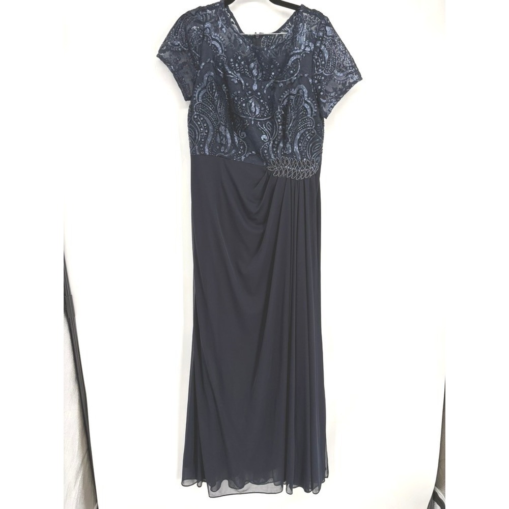 Alex Evenings Gown Womens 10 Navy Blue Sequined Lace Chiffon Formal Dress A-Line